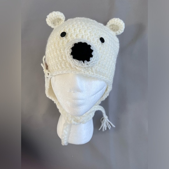 Zip Stitchery Polar Bear Hat Beanie Crochet White Black One Sz - Picture 3 of 10
